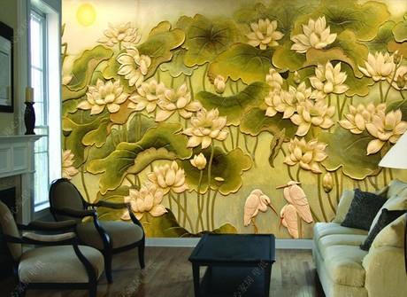 Mẫu tranh phù điêu hình hoa sen hạc trong trang trí nhà ở